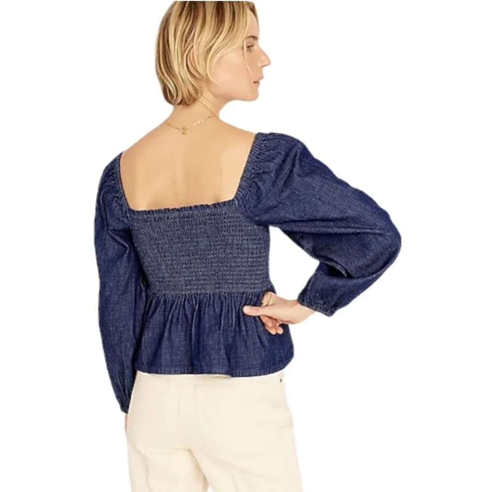 J.CREW PUFFY SLEEVE CHAMBRAY JEANS SMOCKED TOP XS BNWT $98 1 LEFT!